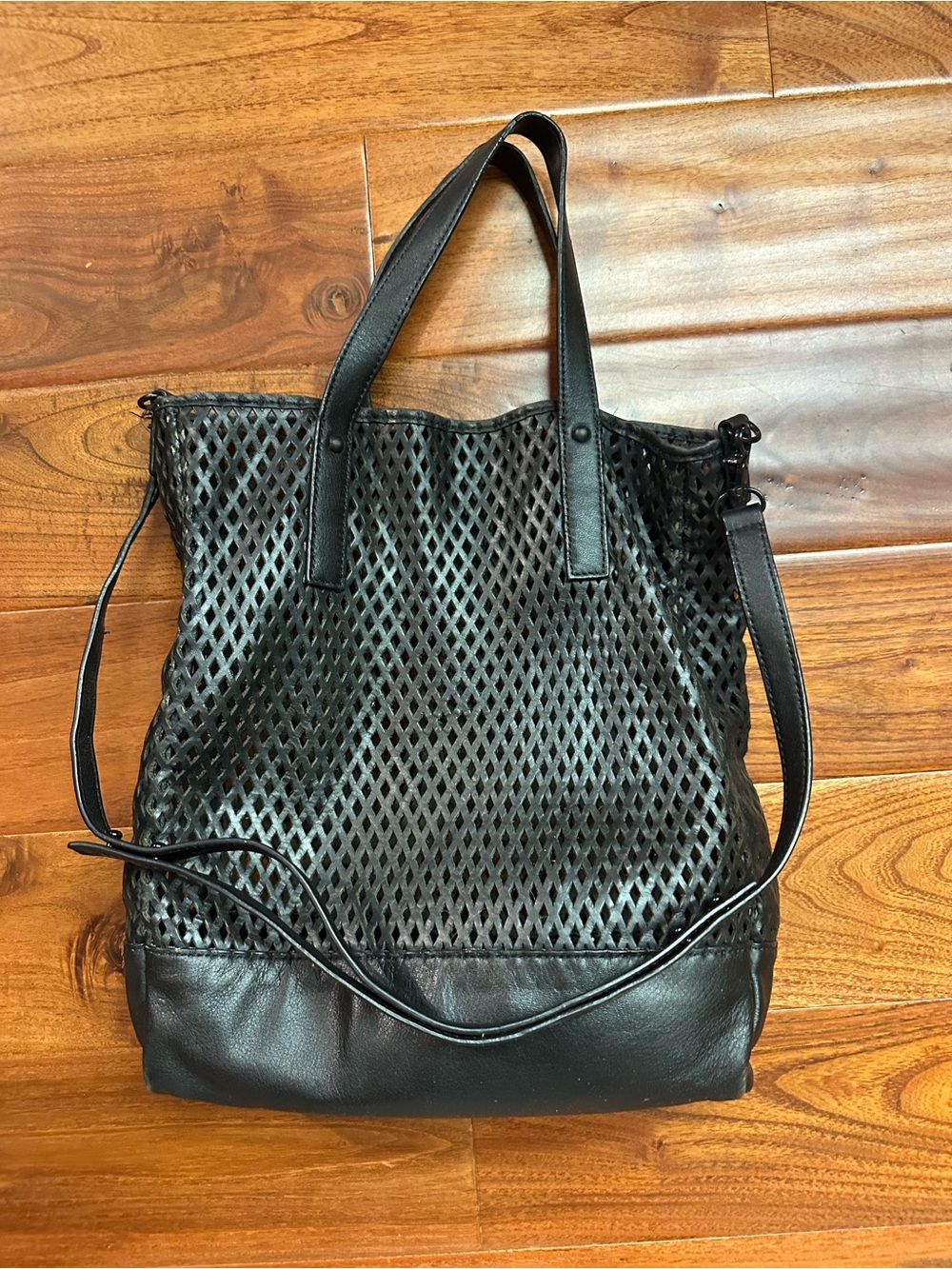 Black Perforated Leather Tote Bag - Women's Shoulder Bag